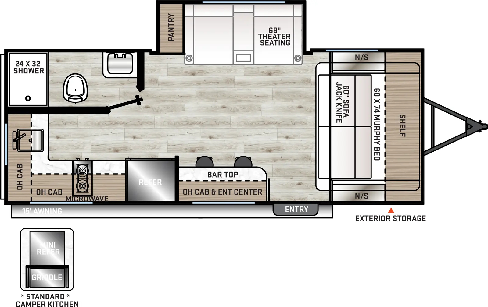 The Aurora 18RBS floorplan has one entry and one slide out. Exterior features include: metal exterior, 15' awning and outside kitchen. Interiors features include: murphy bed.